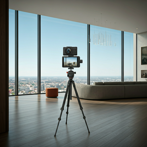 A real estate photographer capturing a 360° photo of a property interior