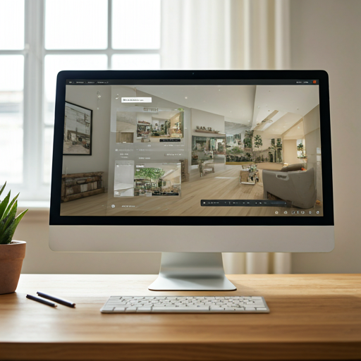 A 360° property tour shown on a desktop, alongside videos made from the same photos